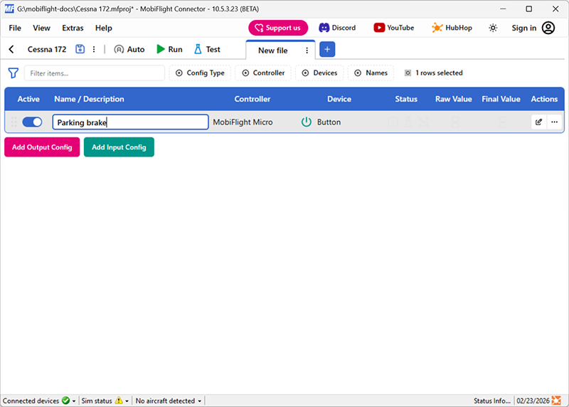 Screenshot of the main window with Parking brake entered as a custom name.
