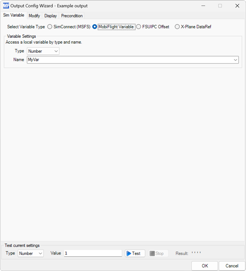 Screenshot of an output configuration with the MobiFlight Variable output variable type selected.