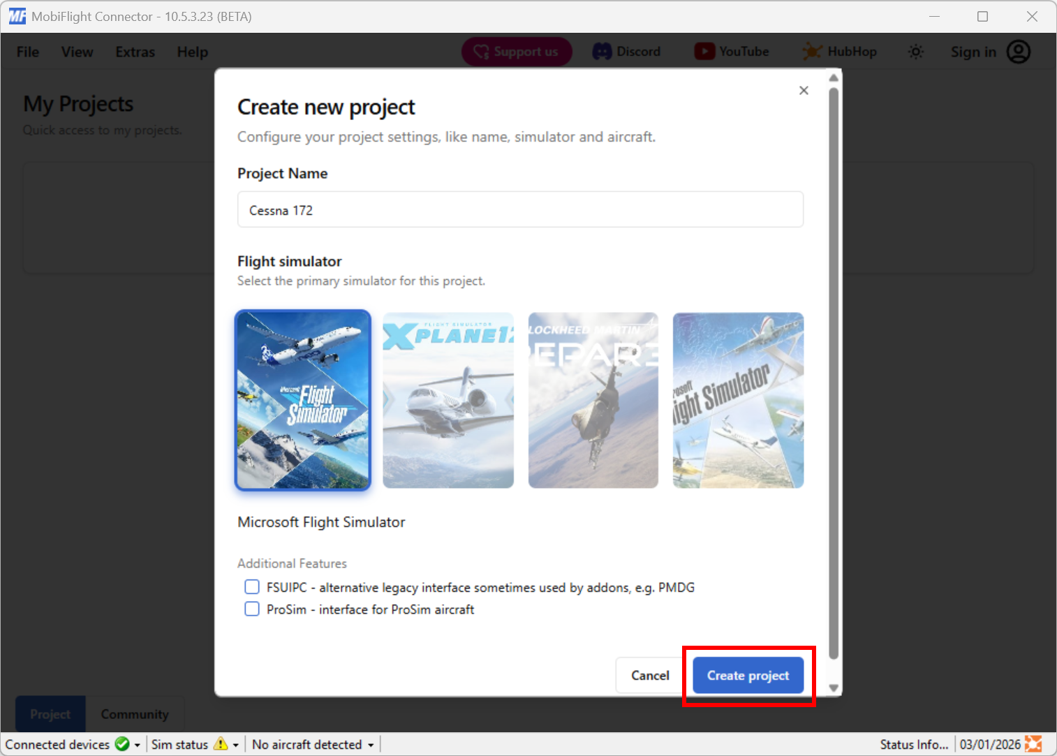 Screenshot of the new project dialog with the Create project button highlighted.