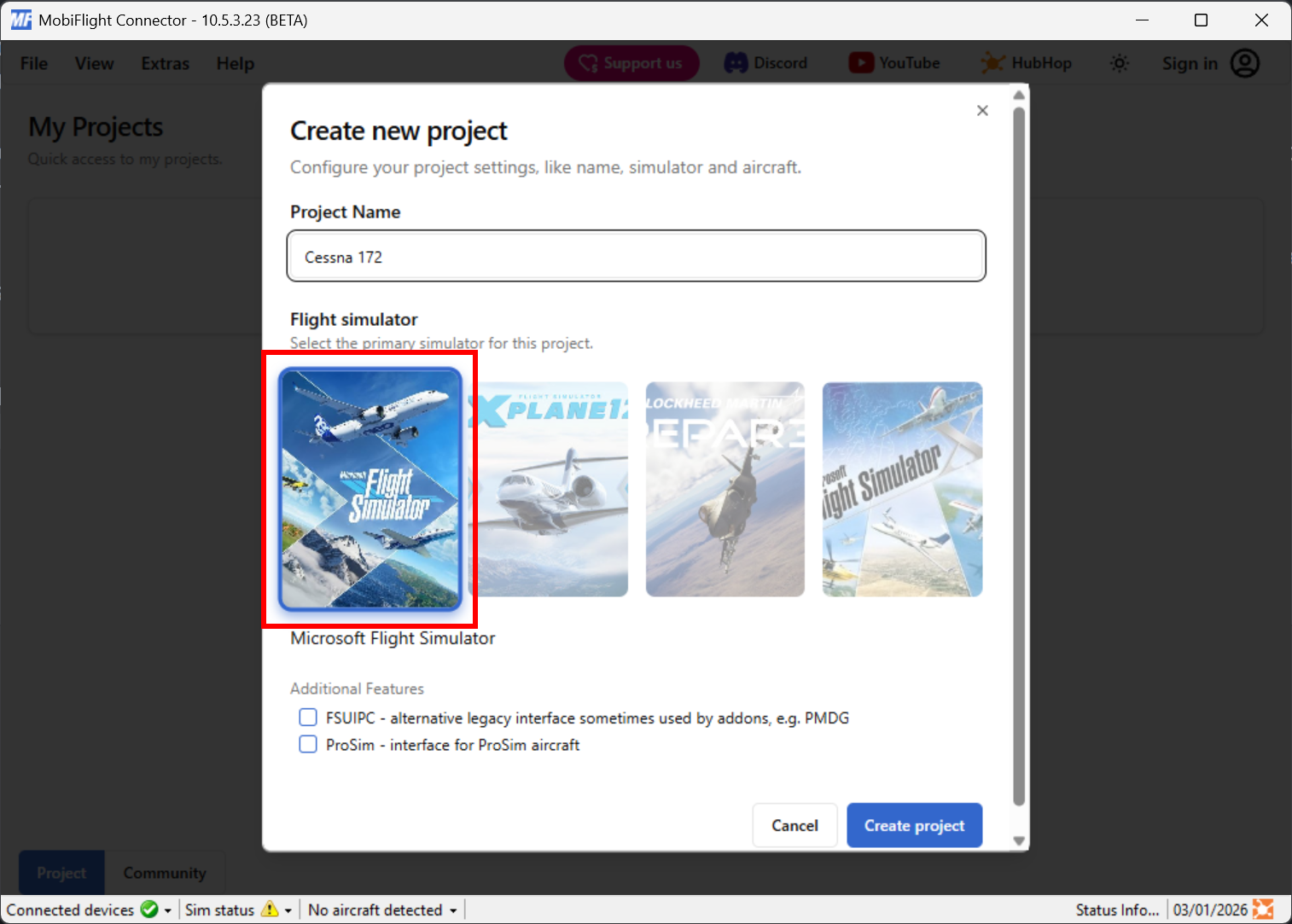 Screenshot of the new project dialog with Microsoft Flight Simulator button selected and highlighted.
