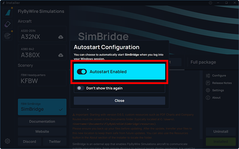 Screenshot of the FlyByWire installer with the Autostart enabled option turned on.