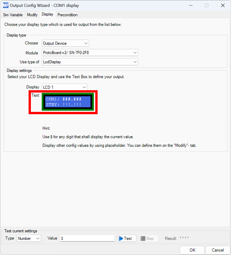 Screenshot of the output configuration dialog with the Display tab selected and the Text field filled with COM1: ###.###, STBY: !!!.!!!.