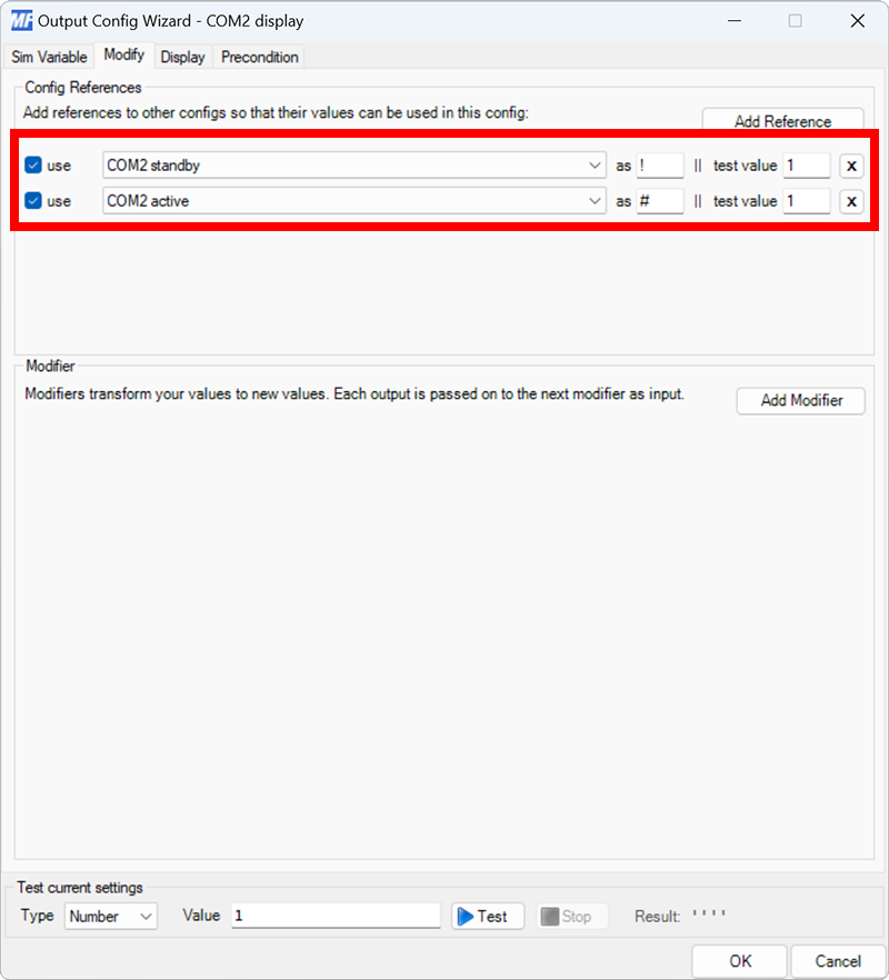 Screenshot of the output configuration dialog with the Modify tab selected and references added to COM2 active and COM2 standby.