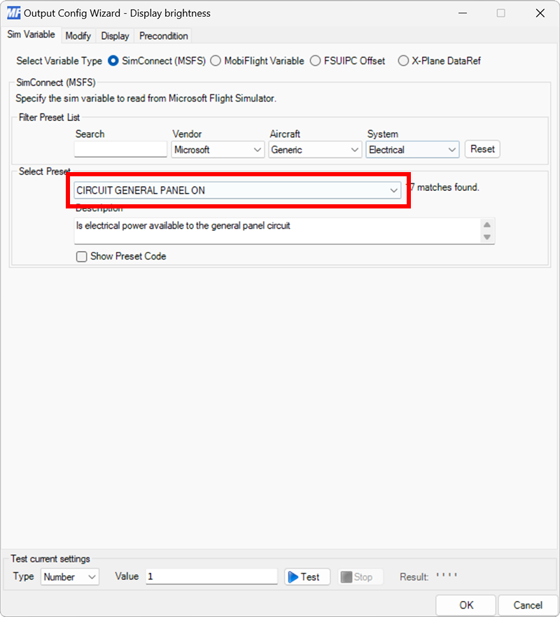 Screenshot of an output configuration with the CIRCUIT GENERAL PANEL ON preset highlighted.