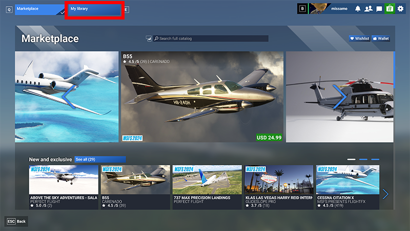 Screenshot of the Microsoft Flight Simulator 2024 Marketplace with My Library highlighted.